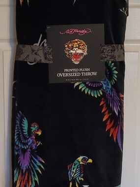 Ed Hardy Printed Plush Oversized Throw - Black with Multicolor Parrots